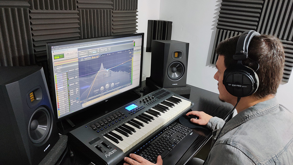 David Alva in his music production studio